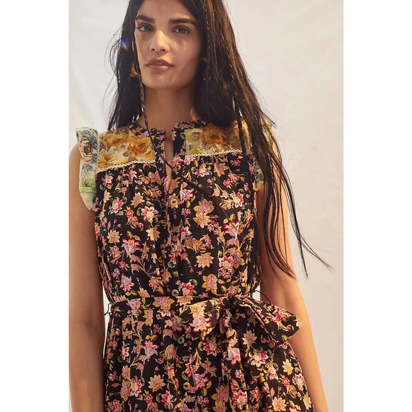 by Anthropologie Ruffled Floral Midi Dress Black Motif Boho Size Large H14101 - Picture 5 of 12